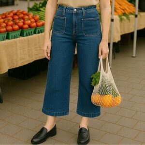 Blue Denim Wide Leg Cropped Jeans